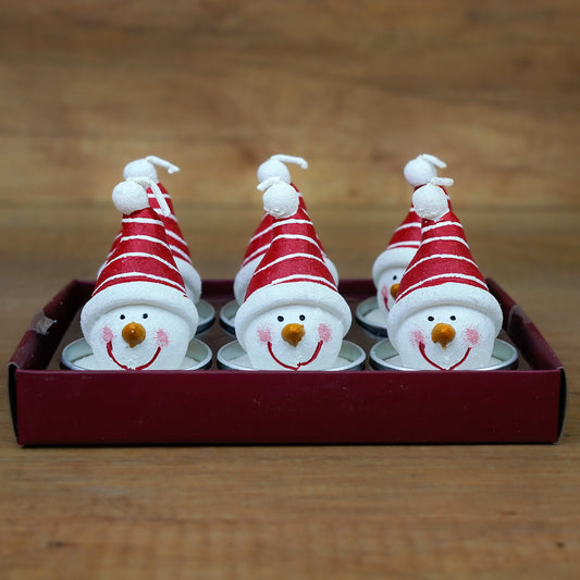Schneemann-Teelichter mit roter Mütze im 6er Set