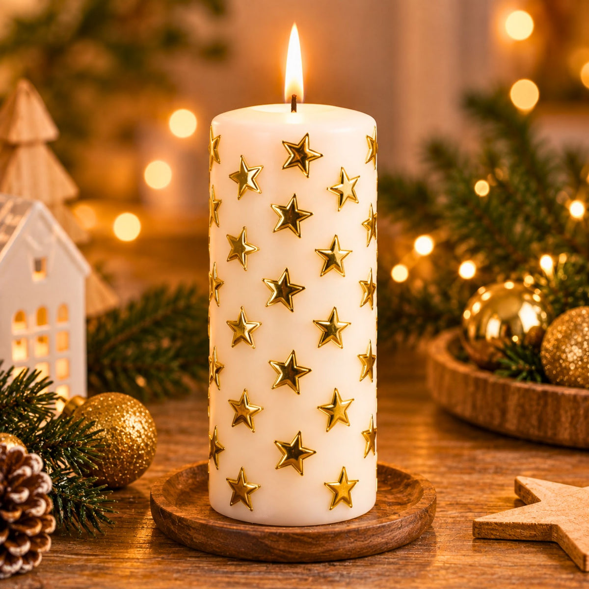 Weiße Stumpenkerze mit goldenen Wachsdekor-Sternen verziert in weihnachtlicher Deko