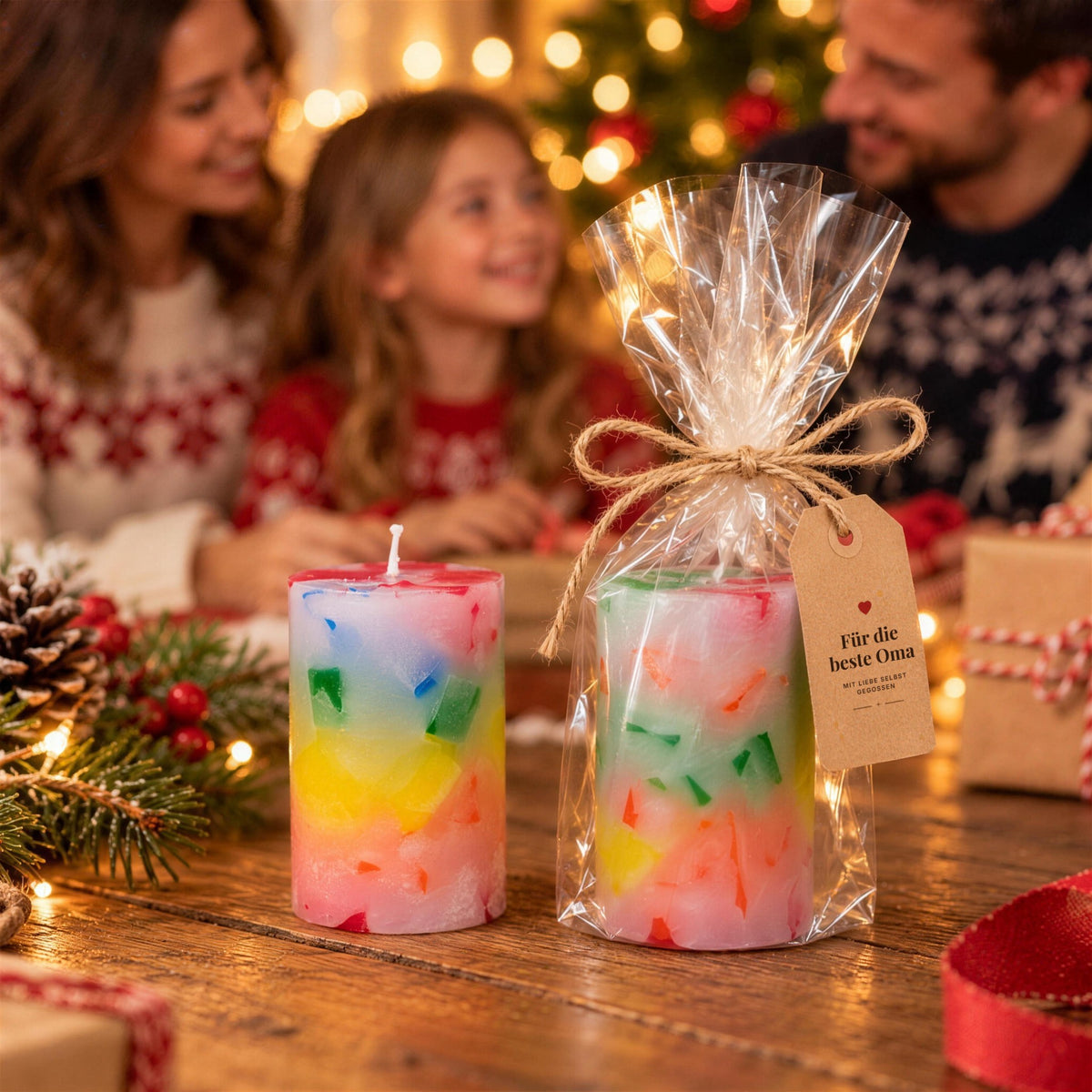 Selbst gegossene Kerze als Weihnachtsgeschenk mit Kraftpapier-Anhänger „Für die beste Oma“